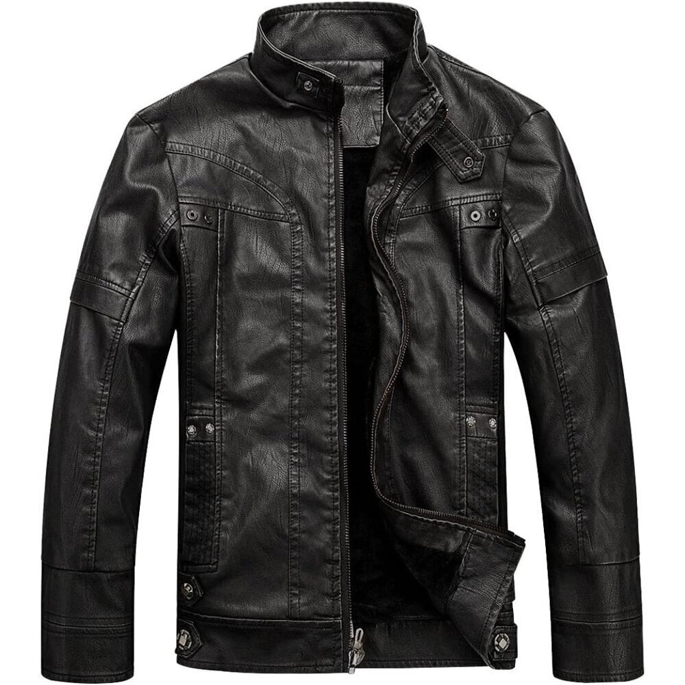 Brand New Men's Black Leather WULFUL Moto Biker PU Jacket Medium Stand Collar